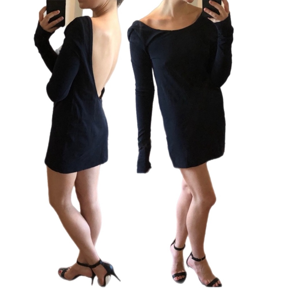 Y2K Thayer Navy Blue Long Sleeve Stretchy Scoop Back Backless Mini Dress Small